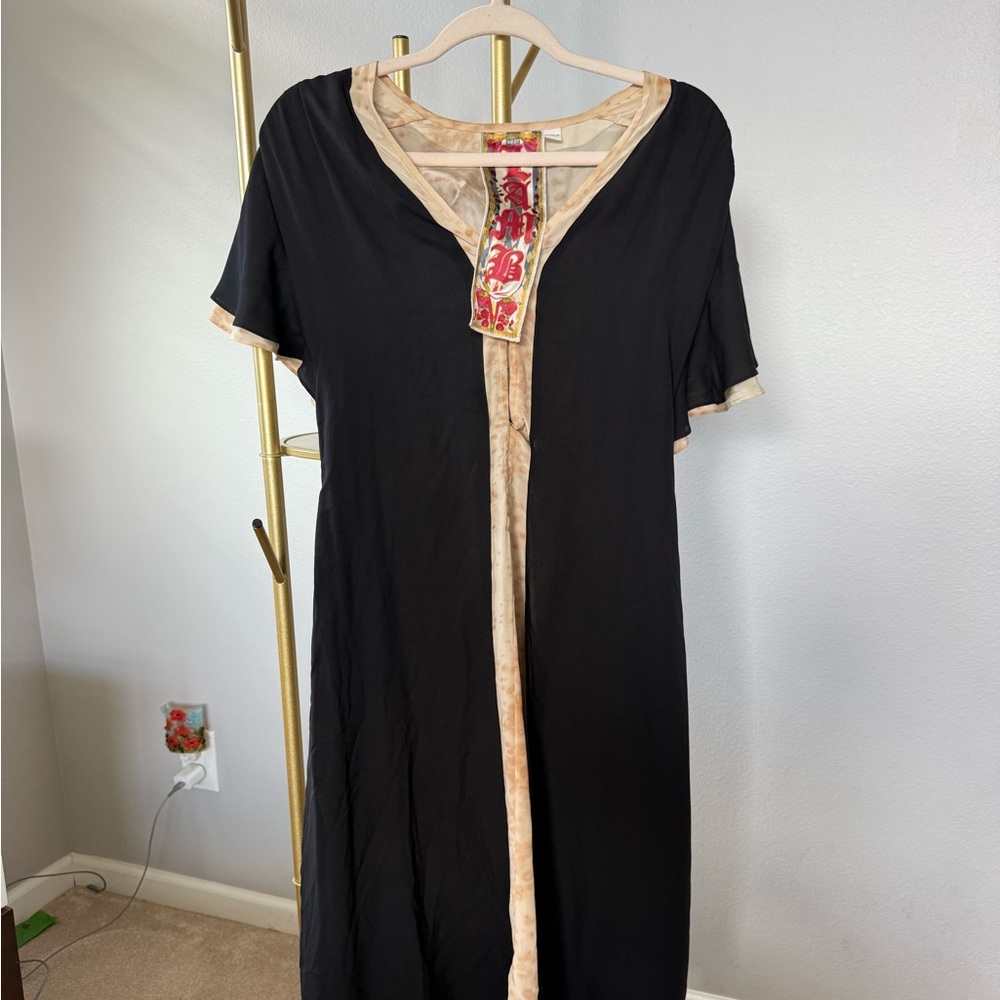 L.A.M.B. Vintage silk Elegant Black Midi Dress with Cream Accents